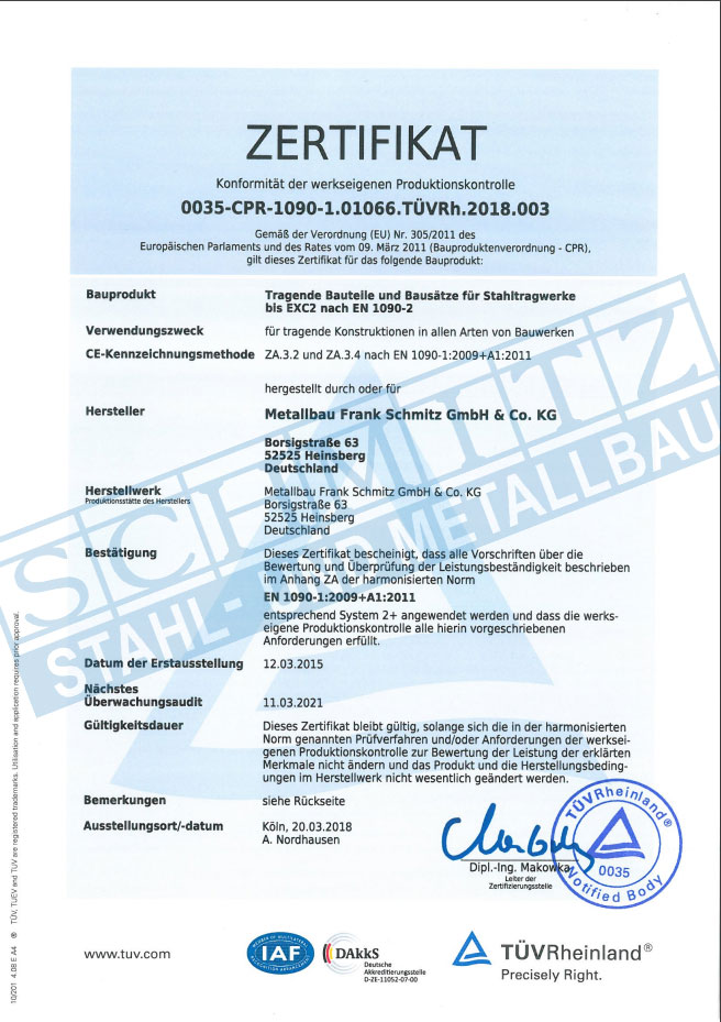 Zertifikat Produktionskontrolle Metallbau Schmitz